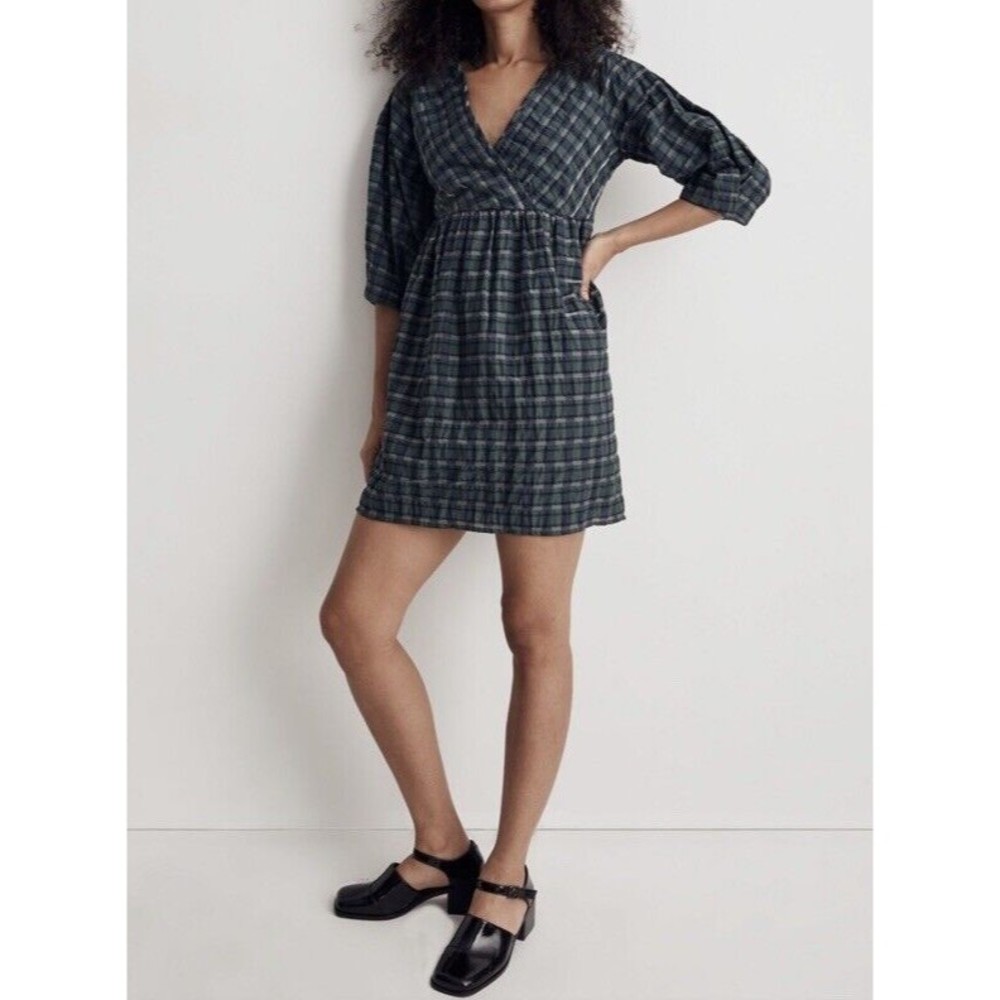 Madewell Marianna Puff Sleeve Mini Dress In Plaid Forest‎ Green Size M